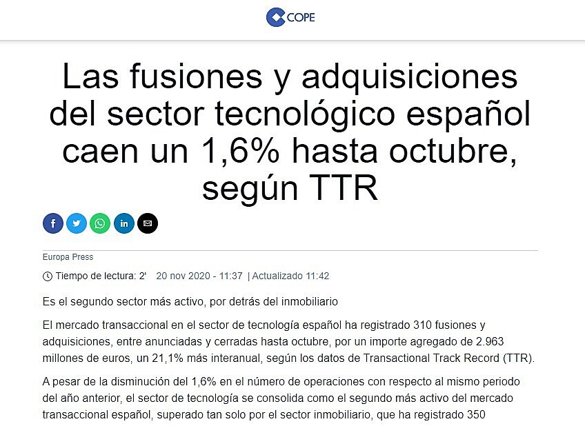 Las fusiones y adquisiciones del sector tecnolgico espaol caen un 1,6% hasta octubre, segn TTR